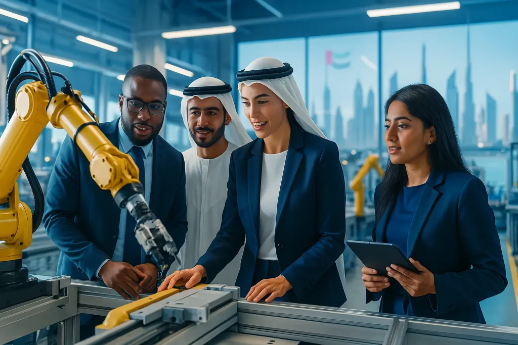 Business professionals examine automated machinery in a modern UAE factory, with the Dubai skyline in the background.