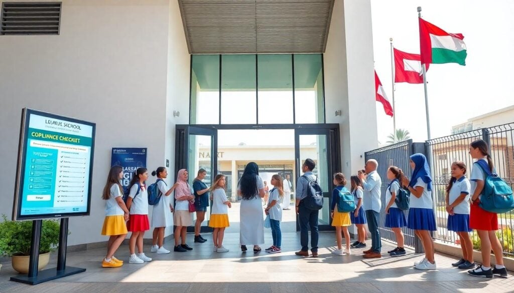 Modern UAE private school entrance with students, teachers, and visible compliance checklist