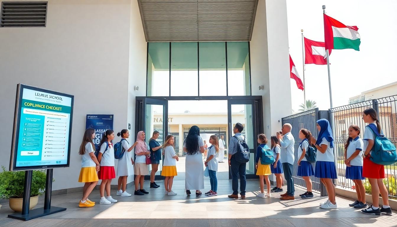 Modern UAE private school entrance with students, teachers, and visible compliance checklist