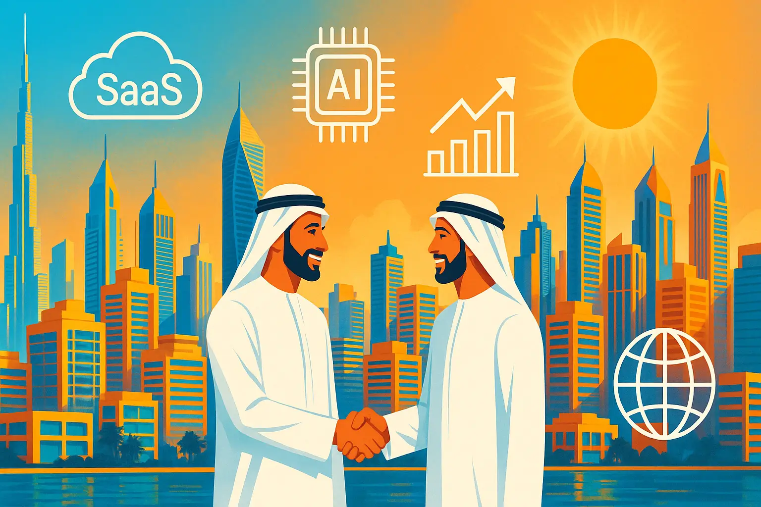 Modern UAE skyline with real estate growth, AI technology elements, and business leaders under a hot sun