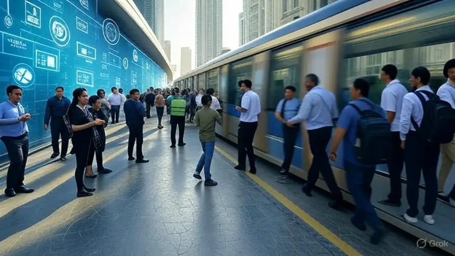Dubai cityscape at sunrise with Metro trains, business activity, and delivery workers representing UAE daily business news.