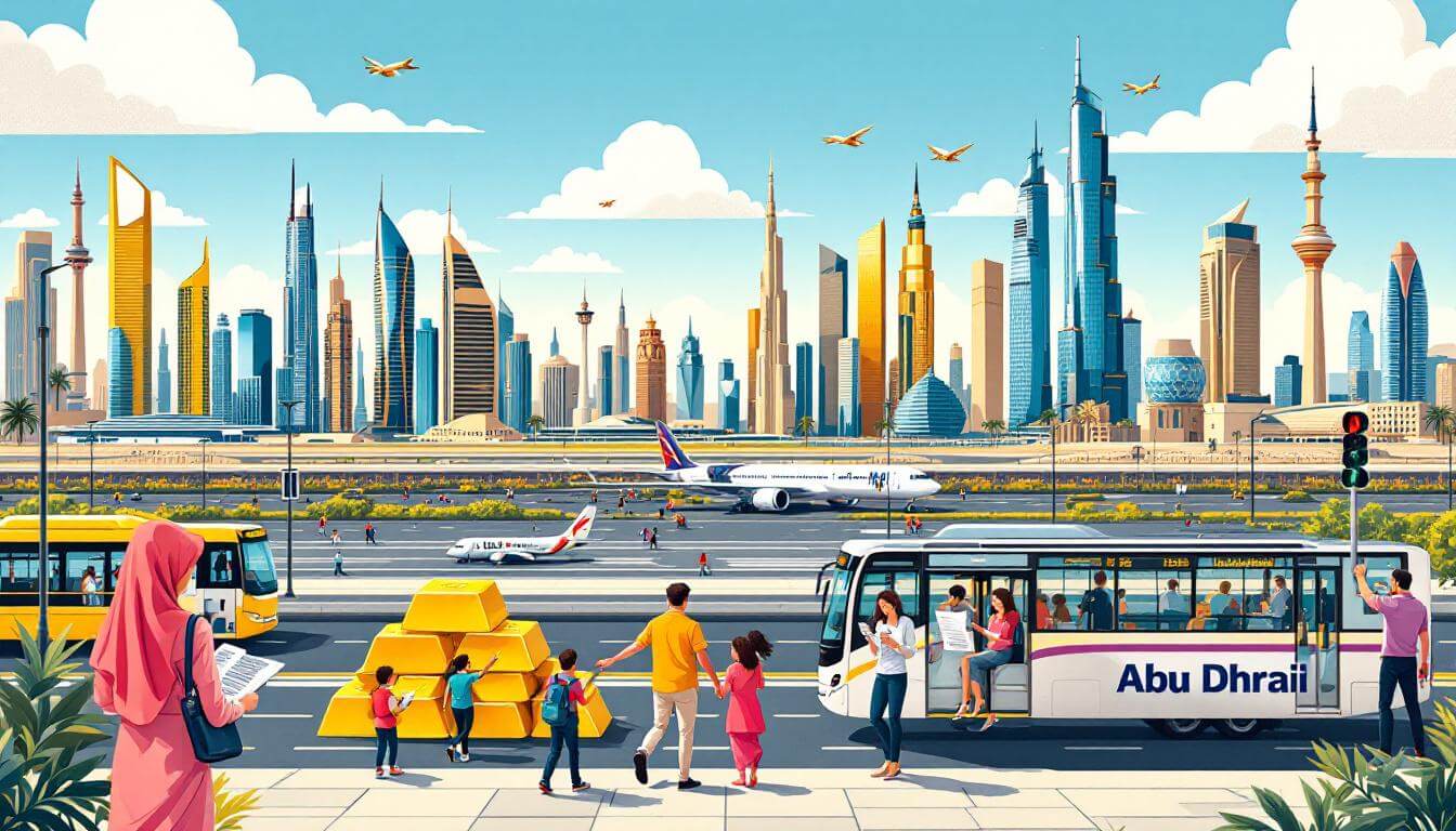 Alt text: Illustration of Dubai and Abu Dhabi skylines with airport runways, gold bars, families reading news, and green public transport, representing key UAE news and business developments on 24 June 2025.