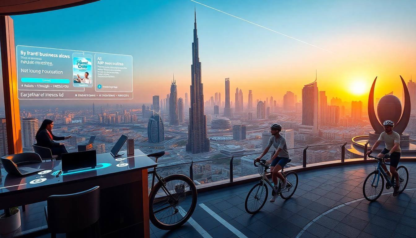 Dubai sunrise news scene 21 June 2025 with business meeting, AI robots, digital news screens, Sharjah UNESCO art, cyclists for UAE sports, and sector icons