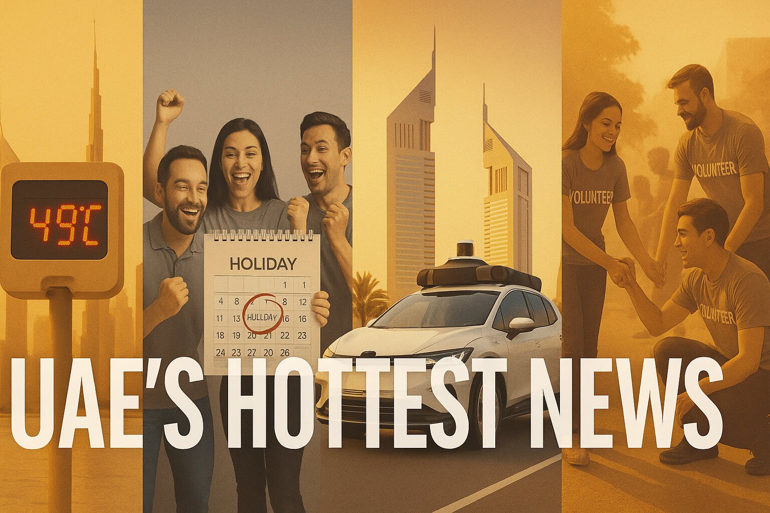 UAE public holiday calendar, Dubai 49°C heatwave, robo-taxi, and Dubai community volunteers, all in one featured news image.