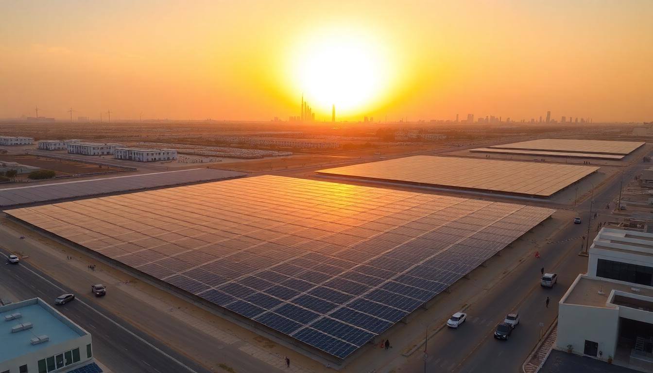 Sunrise over Sharjah solar power plant with city skyline, clear sky, and local activity