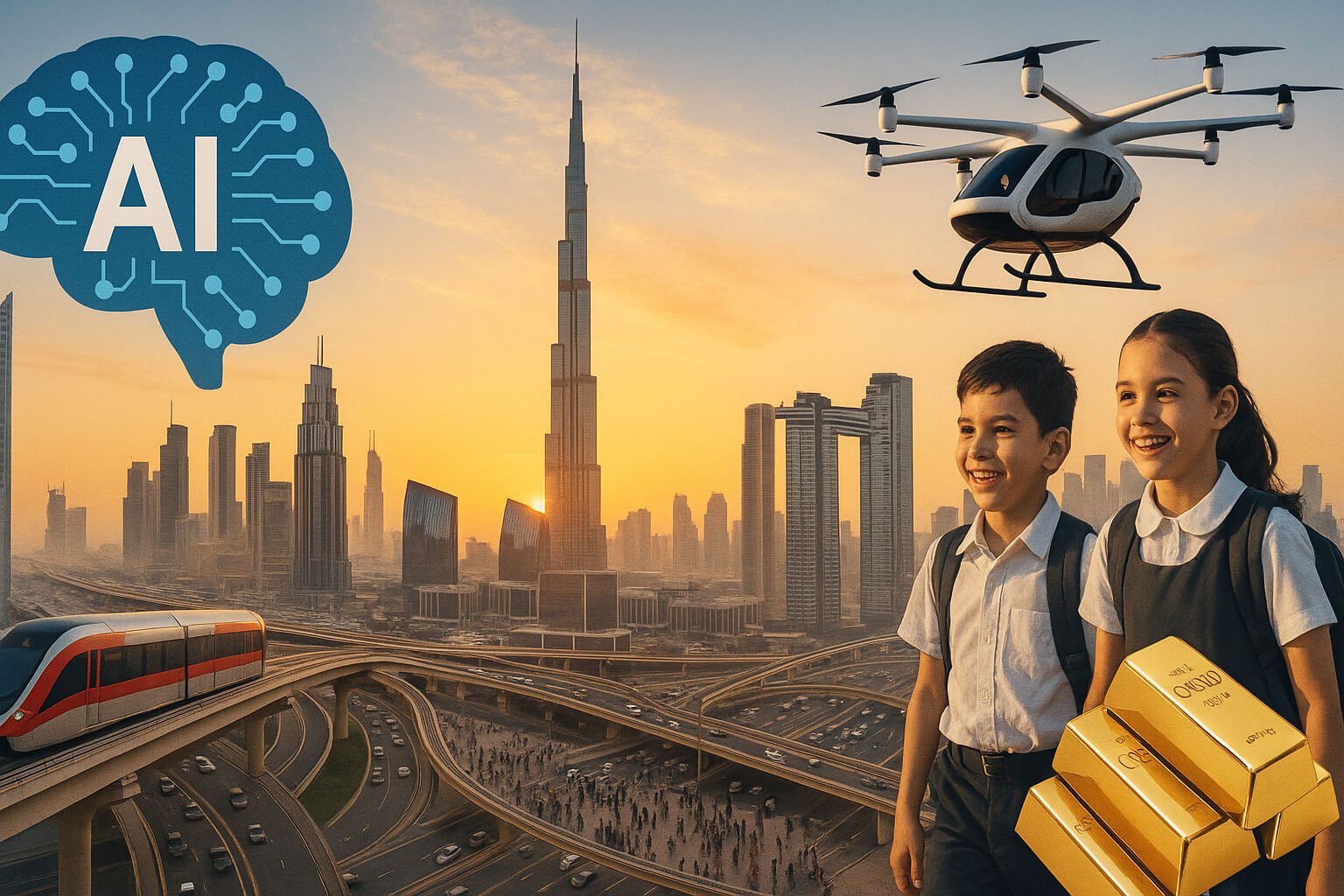 Dubai skyline June 2025, morning city streets, AI icons, gold bars, and flying taxis