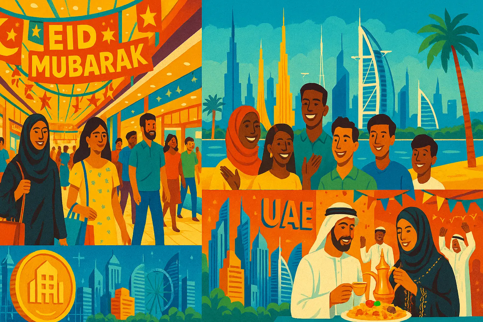Collage of UAE daily news highlights on June 3, 2025, showing Eid celebrations in a mall, diverse people at community events, digital real estate, and cultural festivities in the Emirates
