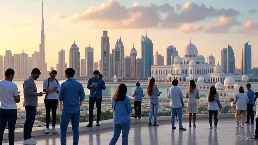Dubai and Abu Dhabi skylines at sunrise with diverse professionals using digital devices, highlighting UAE’s growth in business, technology, and AI on 9th June 2025.
