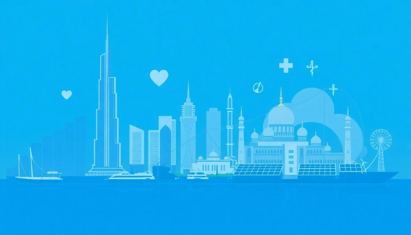 UAE city skyline featuring Dubai and Abu Dhabi landmarks with digital icons for growth, healthcare, and sustainability, reflecting 19th June 2025 news and opportunities.