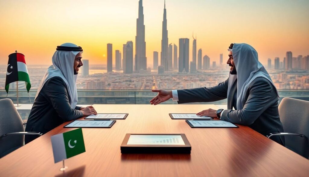 UAE and Pakistani business leaders shake hands in Dubai with city skyline, national flags, and business agreement, symbolising new strategic partnerships and economic growth in June 2025