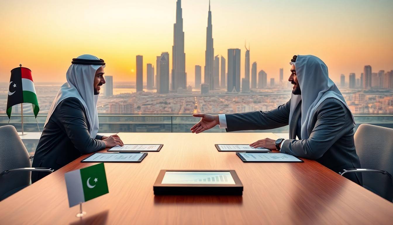 UAE and Pakistani business leaders shake hands in Dubai with city skyline, national flags, and business agreement, symbolising new strategic partnerships and economic growth in June 2025