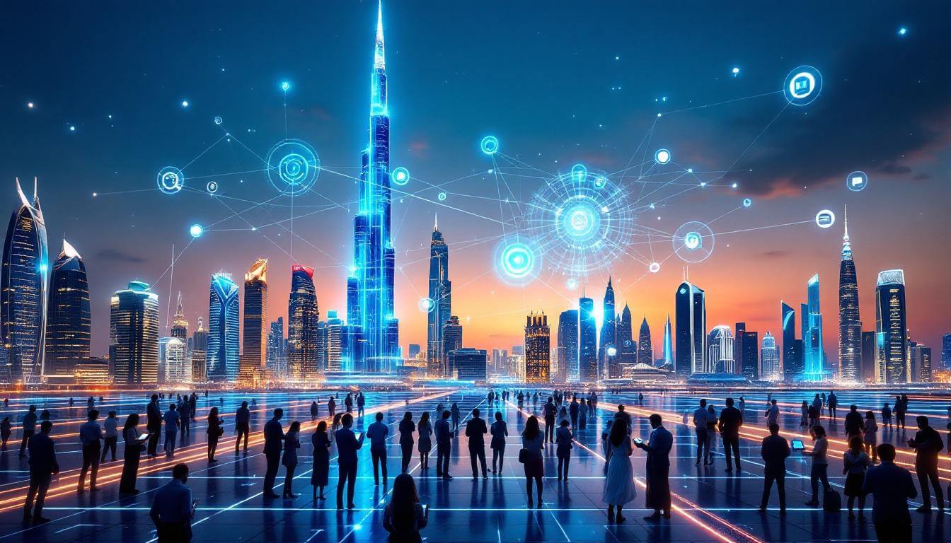 Futuristic Dubai skyline with glowing digital overlays and diverse professionals collaborating on technology in the UAE