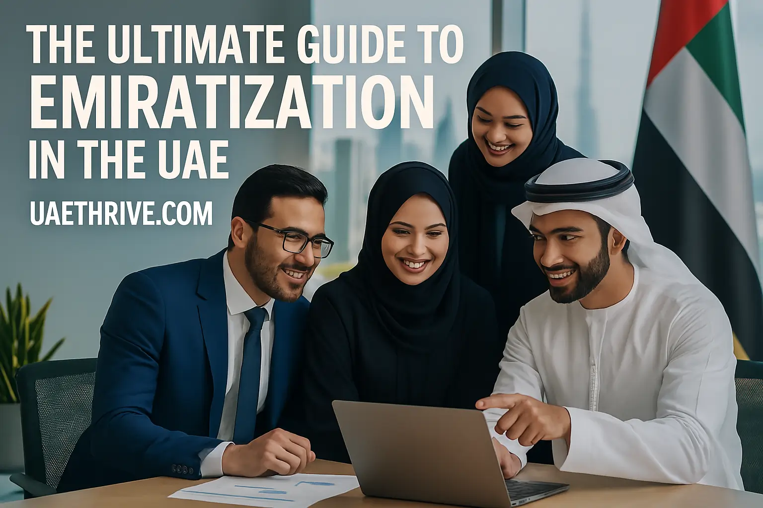 Group of Emirati professionals, men and women, in traditional and business attire, collaborating around a laptop in an office with a UAE flag in the background.
