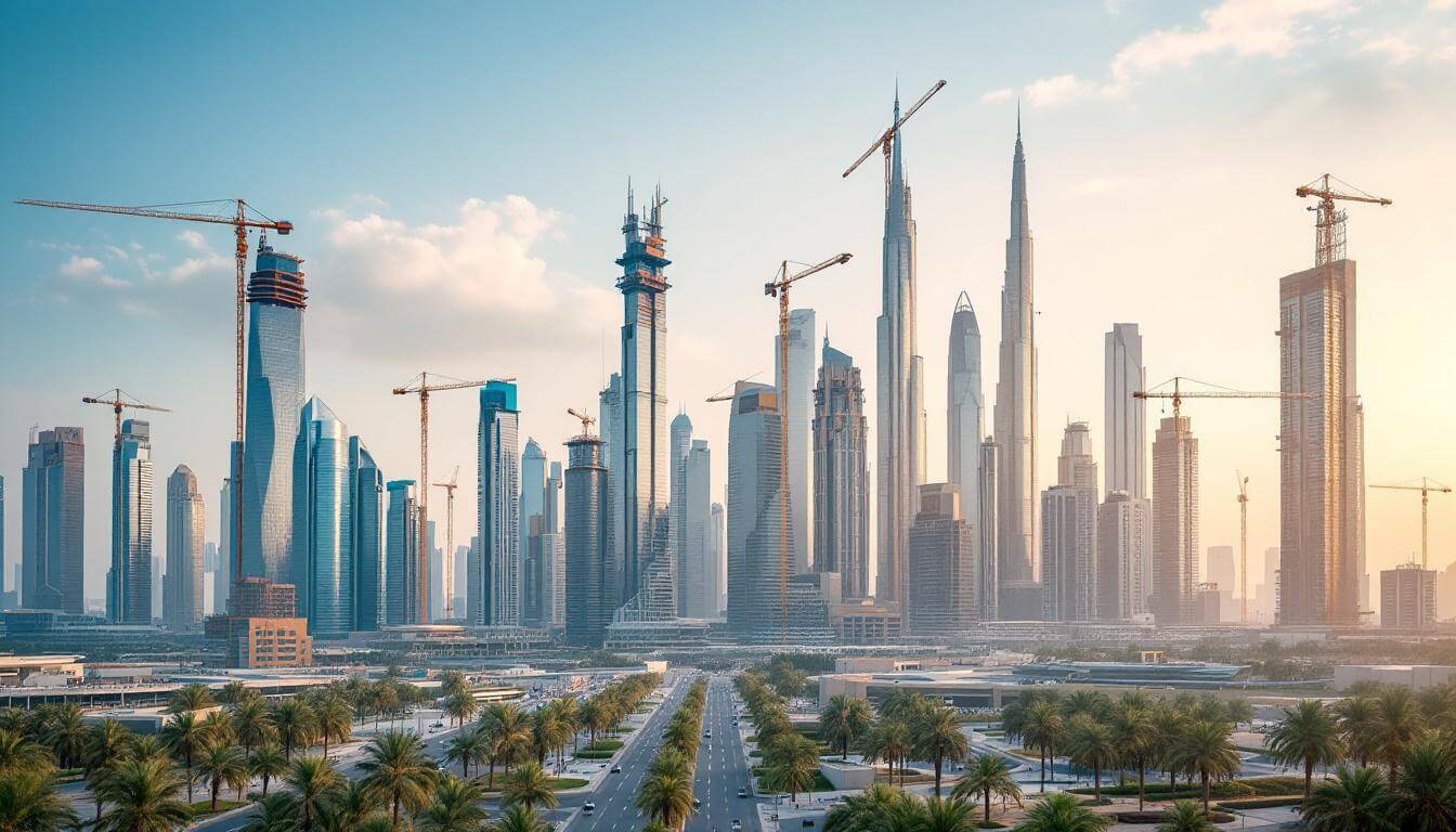 Dubai city skyline featuring tall skyscrapers, palm trees, and several construction cranes under a clear sky, representing rapid urban development and infrastructure upgrades highlighted in the UAE News Roundup for 13th July 2025.