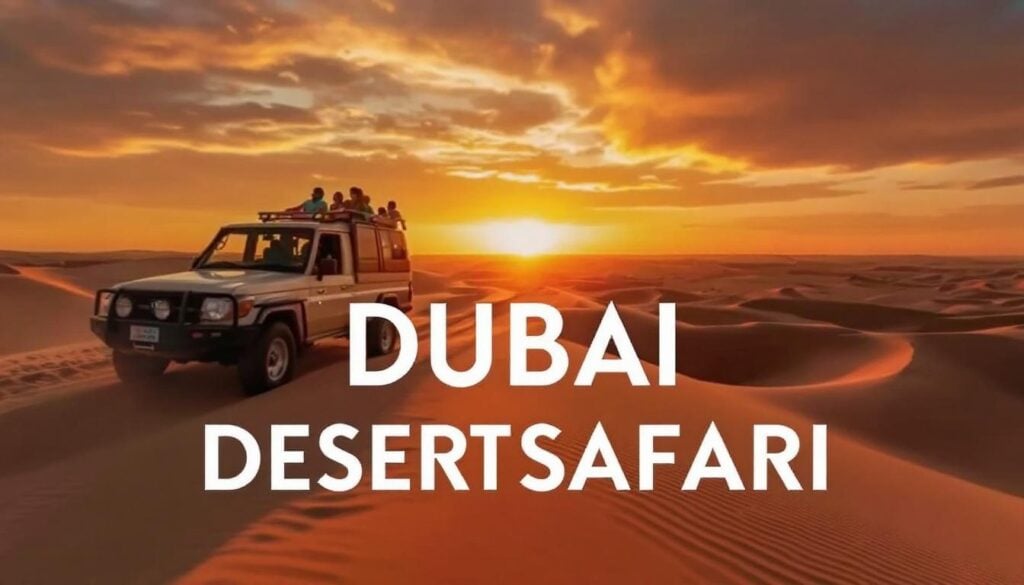 Tourists riding a 4x4 vehicle on Dubai desert dunes at sunset with 'Dubai Desert Safari Guide' text overlay