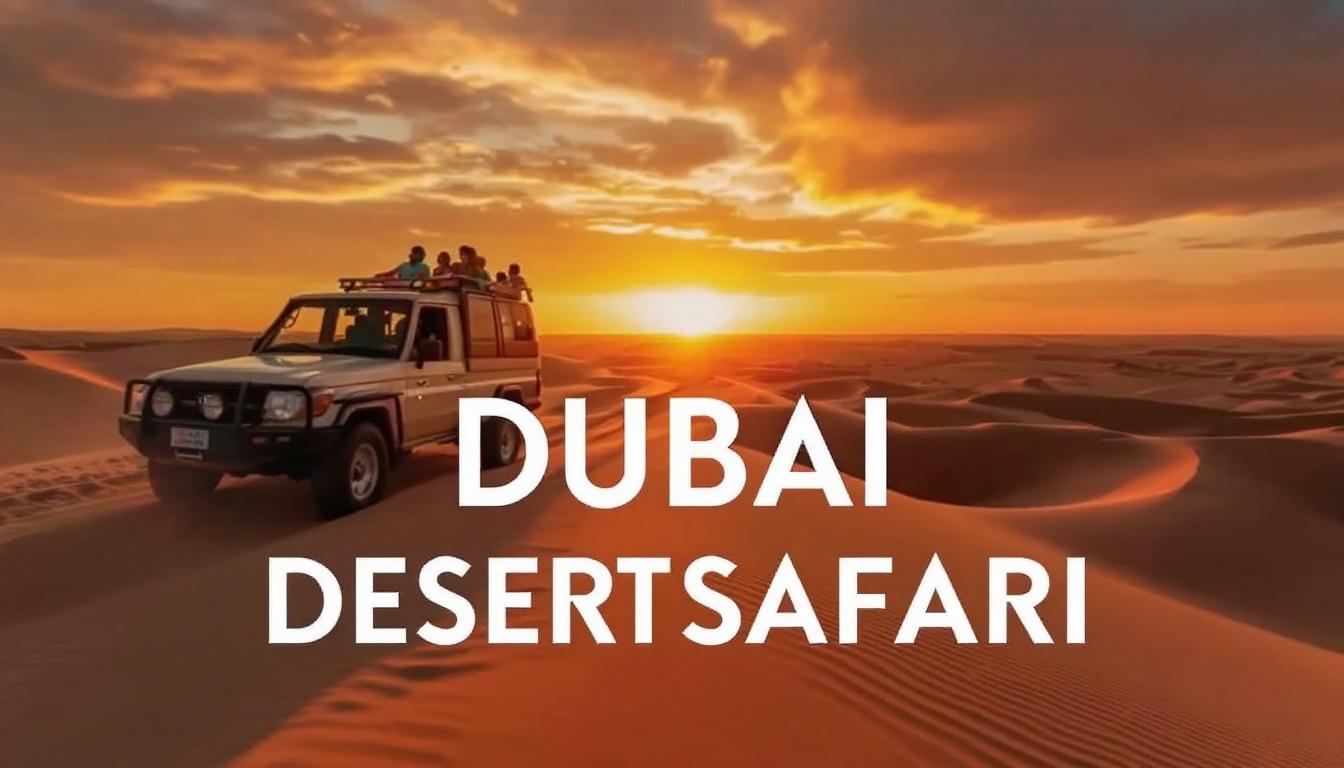 Tourists riding a 4x4 vehicle on Dubai desert dunes at sunset with 'Dubai Desert Safari Guide' text overlay