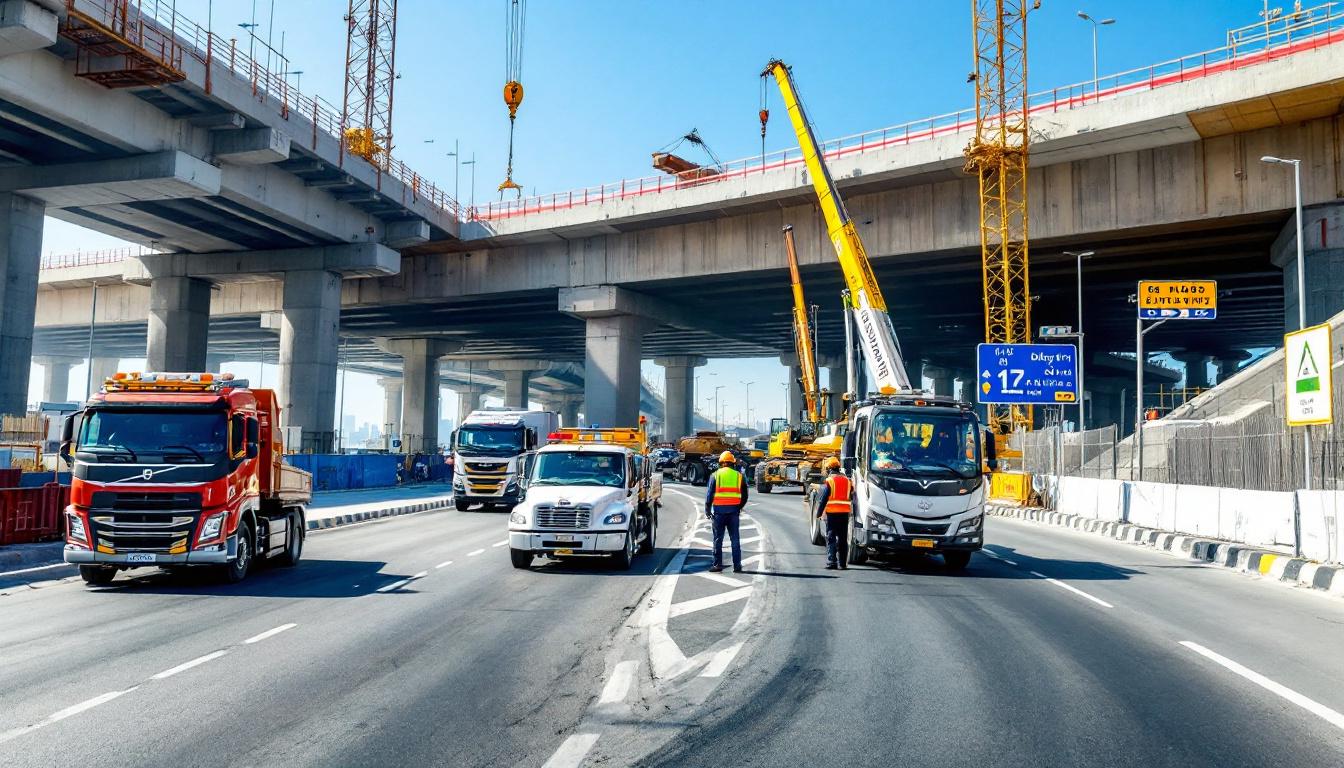 Construction workers and machinery building the Dubai Harbour Bridge, with cranes, trucks, and diversion signs visible, depicting major UAE infrastructure updates on 12th July 2025.