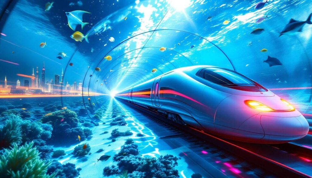 Futuristic bullet train travels through an underwater tunnel connecting Dubai and Mumbai, with both city skylines visible and marine life swimming outside.