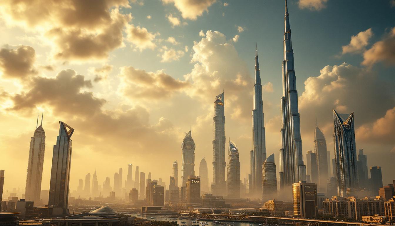 Dubai skyline featuring modern skyscrapers with Titan and Damas Jewellery branding, golden sunrise, and bustling city life, symbolising the landmark business acquisition on 22nd July 2025.