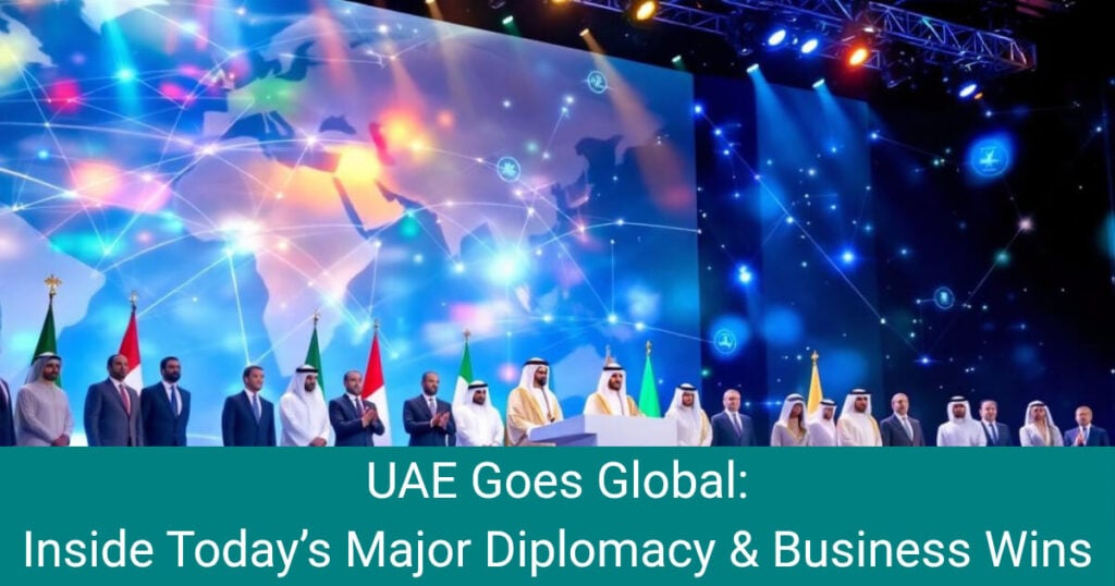 UAE Crown Prince leads delegation at BRICS Summit in Brazil with world leaders, UAE and BRICS country flags, and digital symbols for business growth, innovation, and global cooperation—featured in today’s top UAE news.