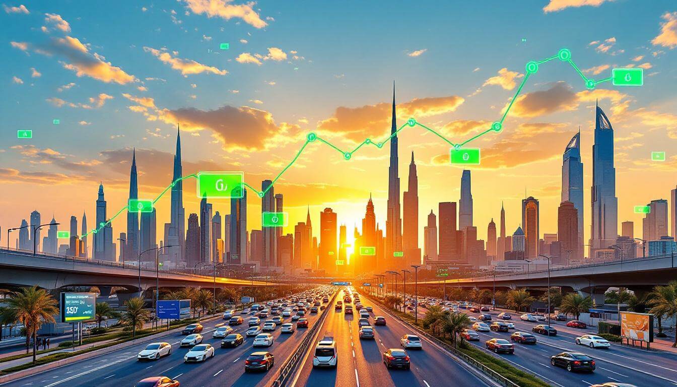Dubai city skyline with highways showing electric vehicles and business icons, overlaid with digital economic charts, illustrating today’s key UAE news: business updates, sustainable finance, real estate activity, and travel changes on 7 July 2025.