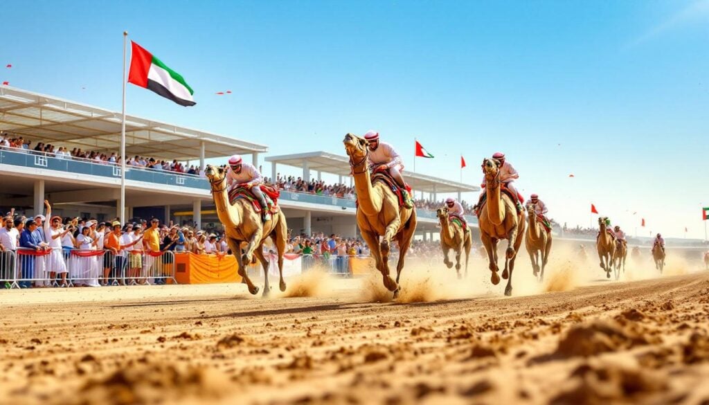 Camels racing on a desert track with crowds in modern grandstands during a major UAE camel racing event, 19th July 2025.