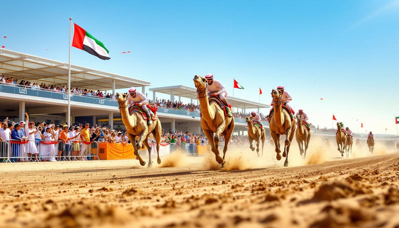 Camels racing on a desert track with crowds in modern grandstands during a major UAE camel racing event, 19th July 2025.