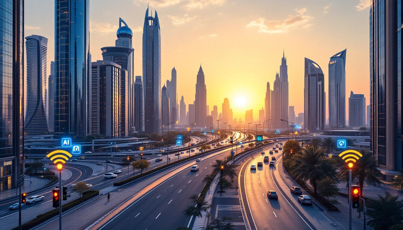 Sunrise over modern Dubai, with skyscrapers and AI-powered traffic lights on wide boulevards, digital innovation icons, and UAE heritage colours.