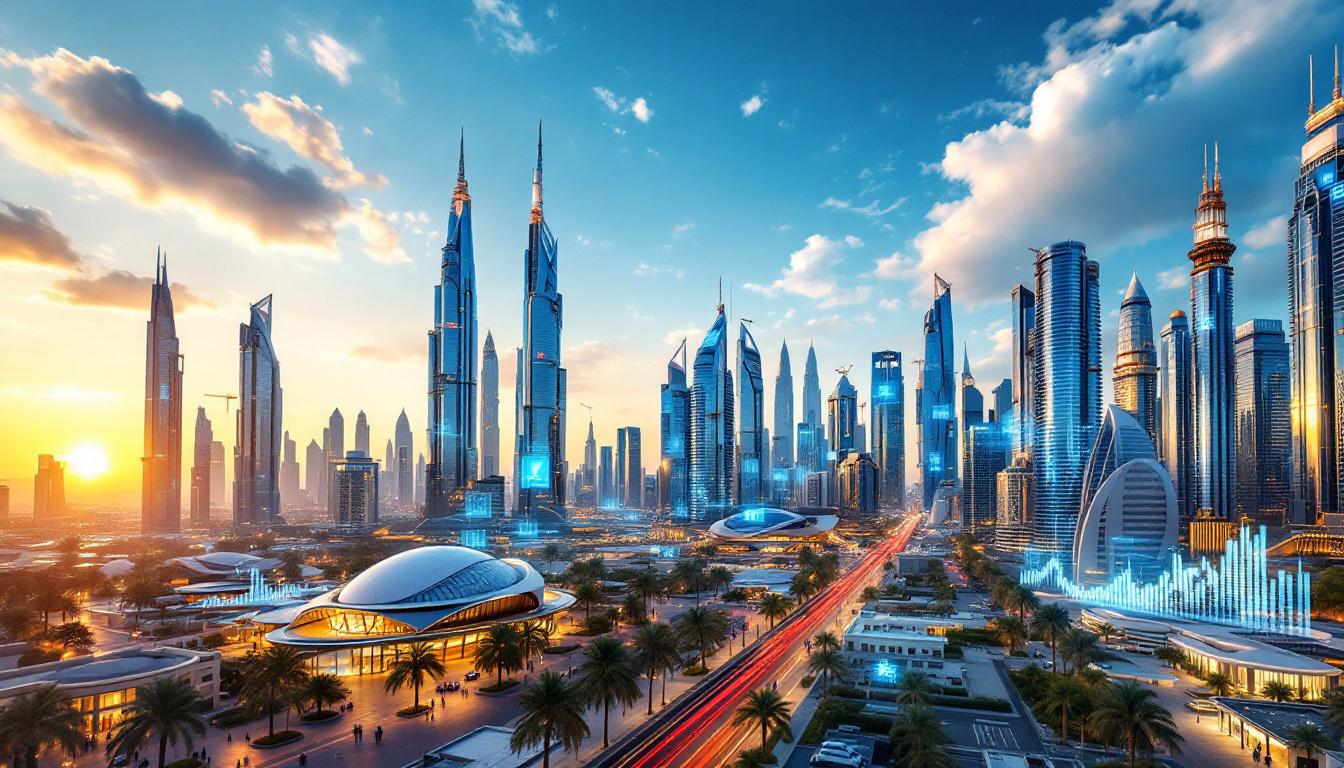 Dubai skyline with modern skyscrapers, active real estate construction, and digital displays showing property market growth in July 2025.