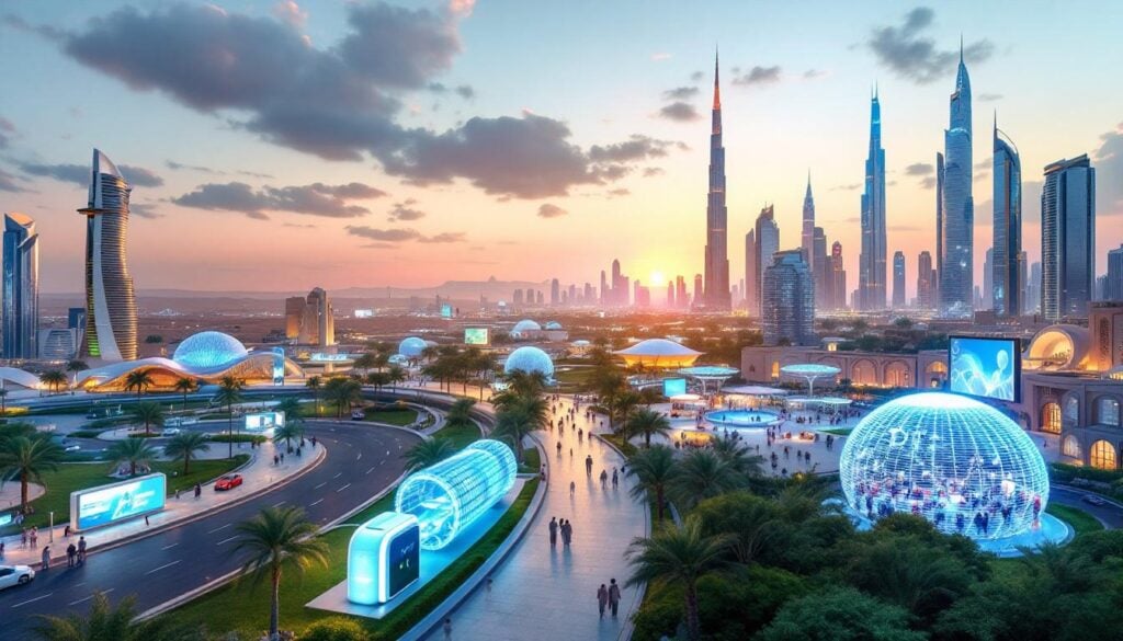 Futuristic Dubai skyline 20th July 2025 featuring green technology, smart city infrastructure, lush parks, modern skyscrapers, and traditional Arabian architecture.