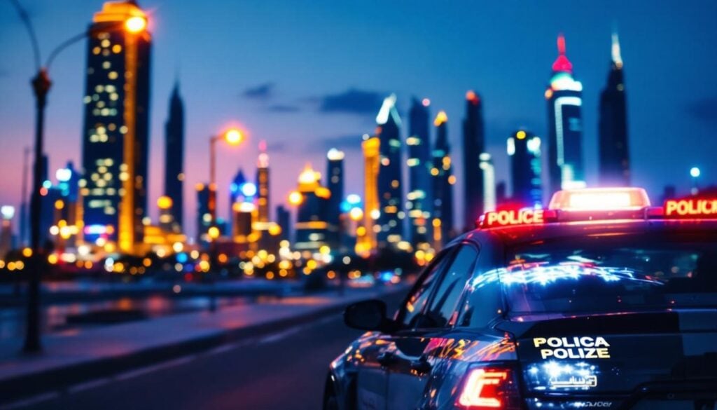 Dubai police patrol car at night in front of city skyline, representing safety in the UAE – UAE Daily News Roundup 23rd July 2025