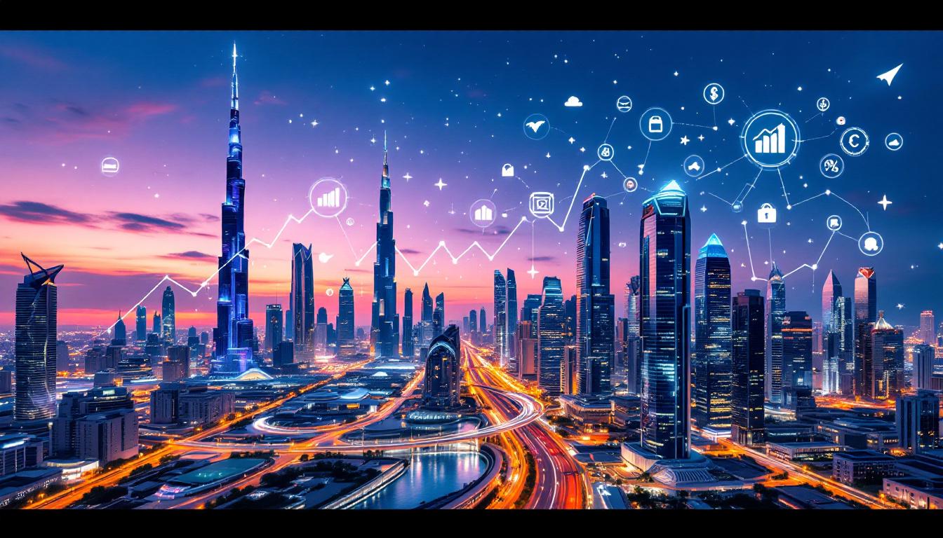 Dubai and Abu Dhabi skylines at dusk with icons showing economic growth for UAE Daily News Roundup 24th July 2025