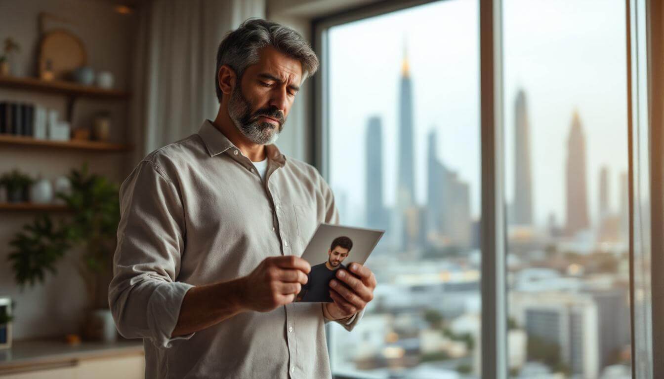 A concerned Dubai father holding a photo of his late son in a modern home, with Dubai cityscape outside the window, symbolising addiction awareness and hope in the UAE