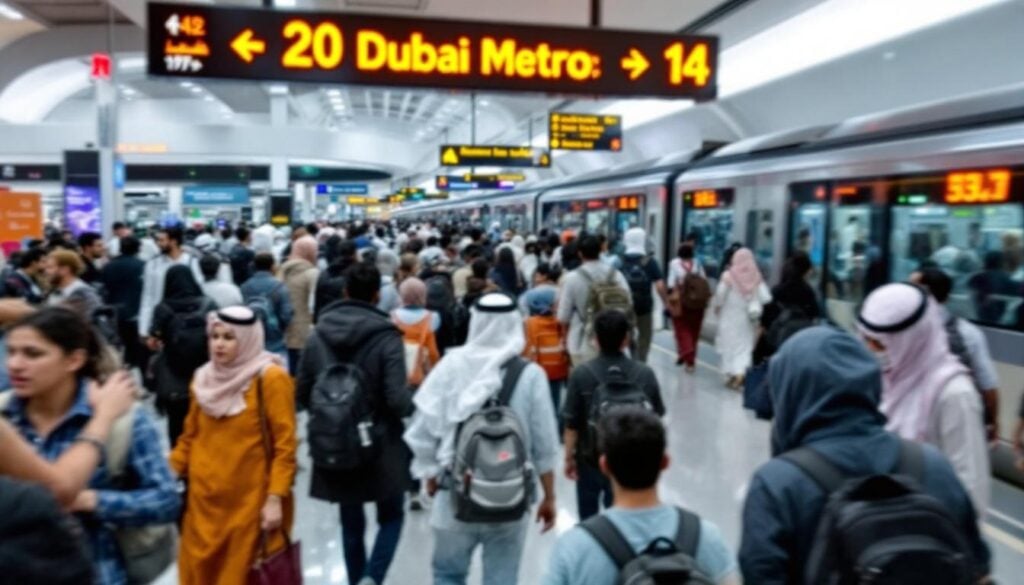Dubai Metro station busy with diverse commuters during rush hour 27th July 2025