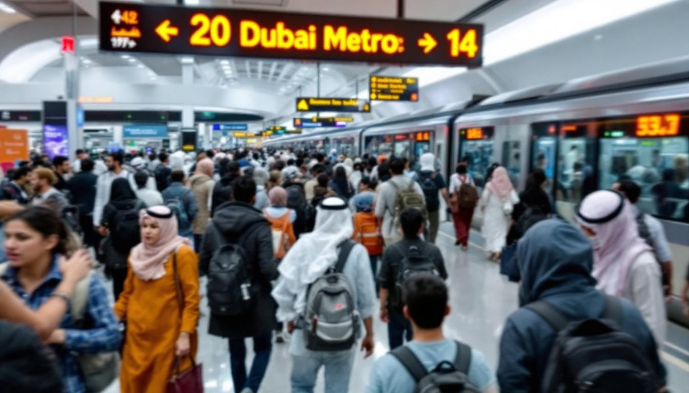 Dubai Metro station busy with diverse commuters during rush hour 27th July 2025