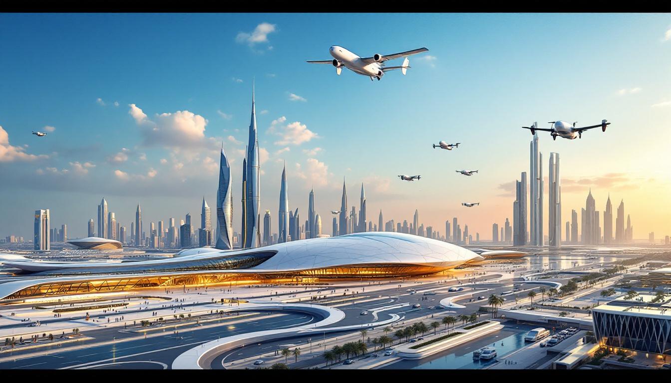 30 july 2025 Futuristic Dubai skyline with Al Maktoum International Airport expansion and flying taxi vertiport
