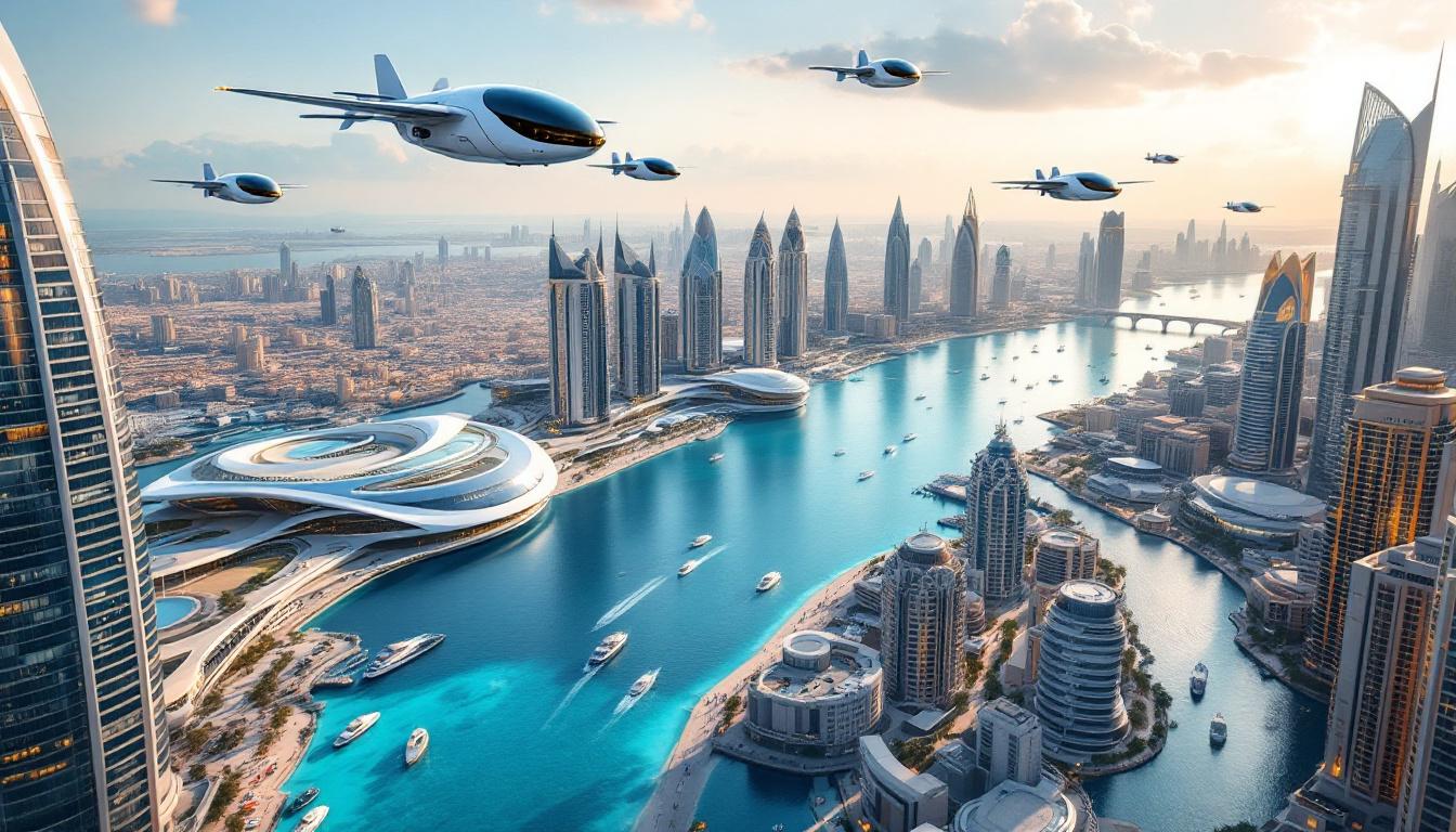 Aerial view of Dubai Marina skyline with flying taxi station and futuristic flying taxis in the sky, symbolising innovation in UAE urban transport