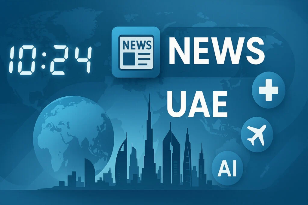 A modern infographic-style featured image showing a digital clock, world map background, stylized UAE skyline, and multiple news icons representing healthcare, air transport, AI, and education. This image visually summarises the key stories in the UAE News Roundup for June 30, 2025 and helps readers quickly identify the post as a source for the latest daily headlines and business developments in the UAE.