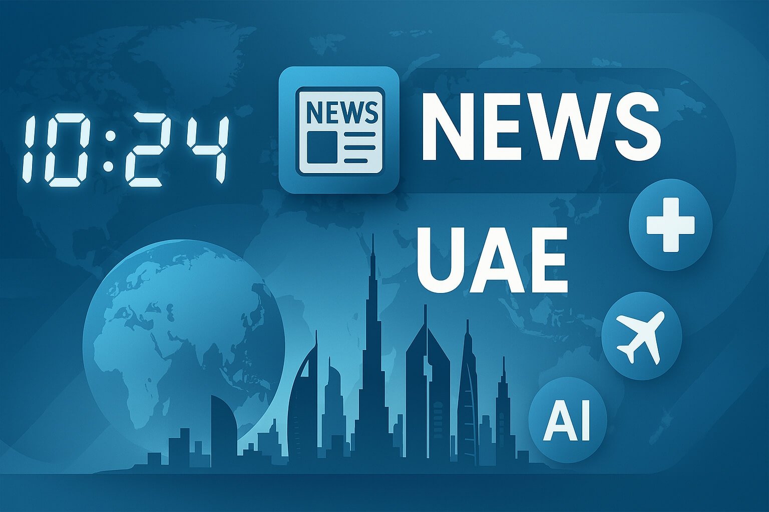 A modern infographic-style featured image showing a digital clock, world map background, stylized UAE skyline, and multiple news icons representing healthcare, air transport, AI, and education. This image visually summarises the key stories in the UAE News Roundup for June 30, 2025 and helps readers quickly identify the post as a source for the latest daily headlines and business developments in the UAE.