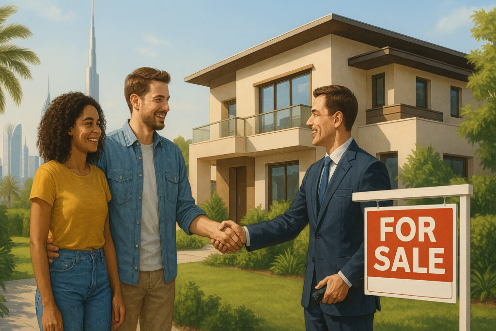 Illustration of a smiling couple and a real estate agent in front of a Dubai villa, with city landmarks and greenery in the background. Ideal for articles about buying your first home in the UAE, this image highlights the modern property process and the friendly, welcoming environment for first-time and expat buyers.