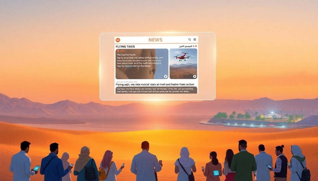 Editorial digital illustration for UAE News Roundup, 4 July 2025: set at dusk in the UAE desert, with a floating LED screen displaying headline news about flying taxis, GCC tourist visas, and health laws. A mixed group of residents and visitors gather, while modern and natural UAE elements—mountains, coastline, solar panels—frame the background. Image reflects today’s main stories in business, travel, law, and regional innovation.