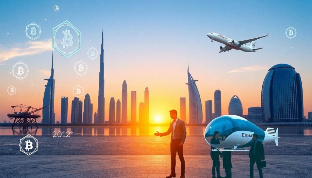 Vibrant modern image of Dubai and Abu Dhabi skylines with visual overlays of oil rigs, blockchain icons, Etihad aircraft, futuristic air taxis, and business people, representing the main topics from the UAE News Roundup for 3rd July 2025 including business, technology, travel, and economic updates.