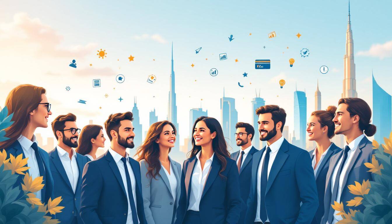 Illustration of diverse business professionals standing in front of Dubai’s city skyline on a sunny day, with the Burj Khalifa and digital icons symbolising visas, business growth, and tech innovation. Represents major updates from the UAE news roundup for 6th July 2025, including new residency rules, flexible work policies, and opportunities for entrepreneurs. Ideal for users seeking a summary of current UAE business and immigration news.