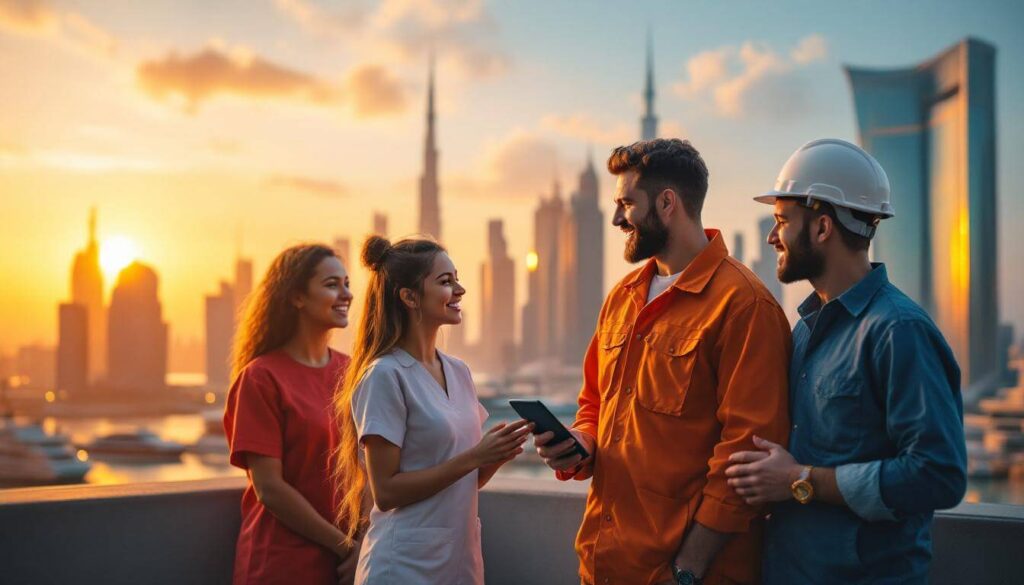 Dubai skyline at sunset with nurses, teachers, digital creators, and maritime professionals together, highlighting big UAE news from 8 July 2025.