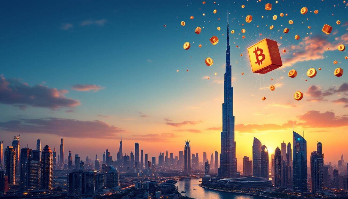 Dubai skyline at sunset with Burj Khalifa and blockchain digital overlay, reflecting UAE news roundup for 9th July 2025.