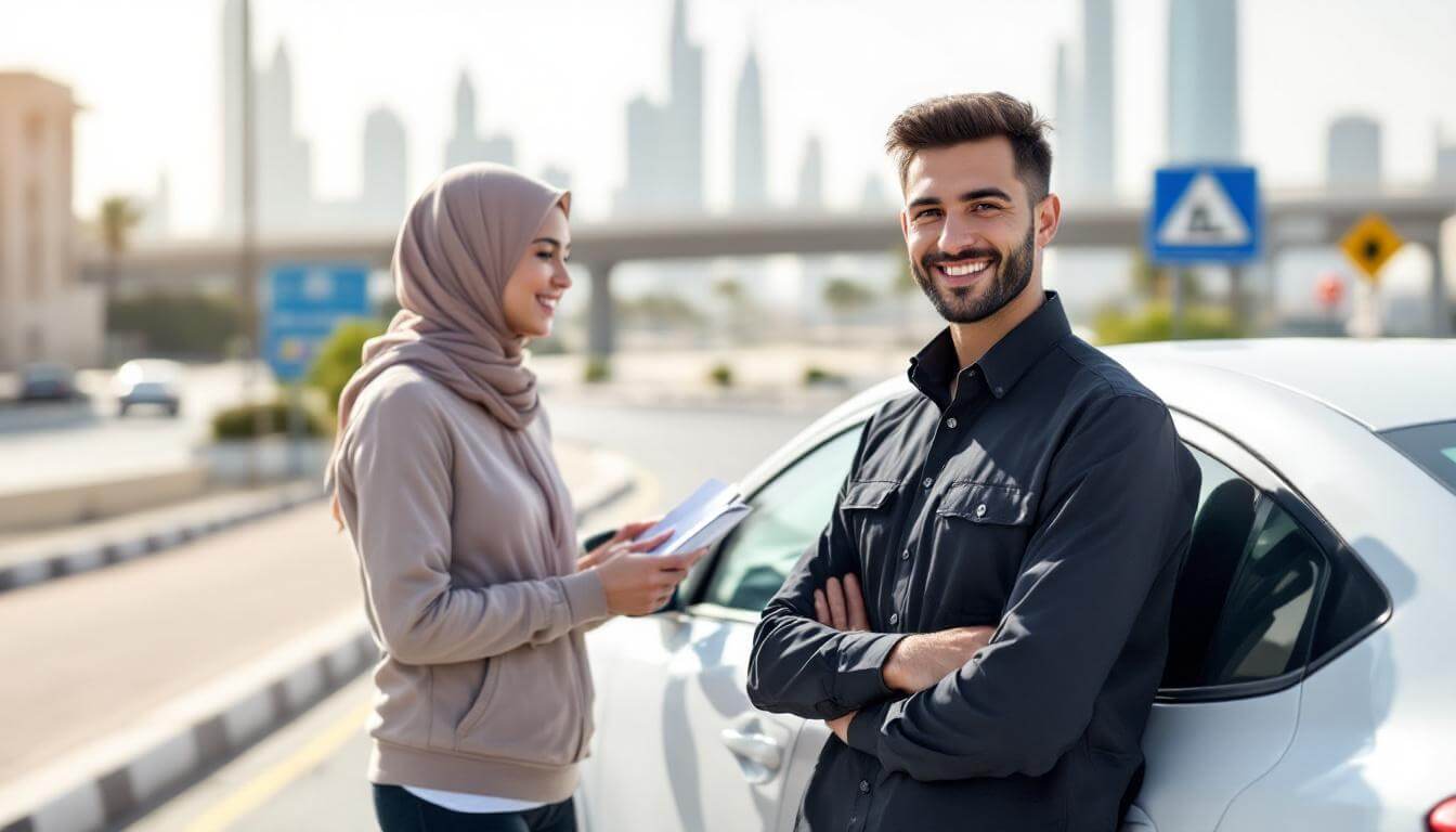 Driving school instructor and student standing next to a white car with Dubai city skyline and road signs in the background under sunny UAE sky - uaethrive category image