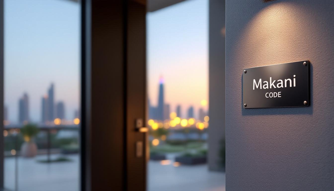 This image shows where to find the Makani number plate at the entrance of a Dubai apartment building, which helps residents with property registration, Ejari, and utility setup.
