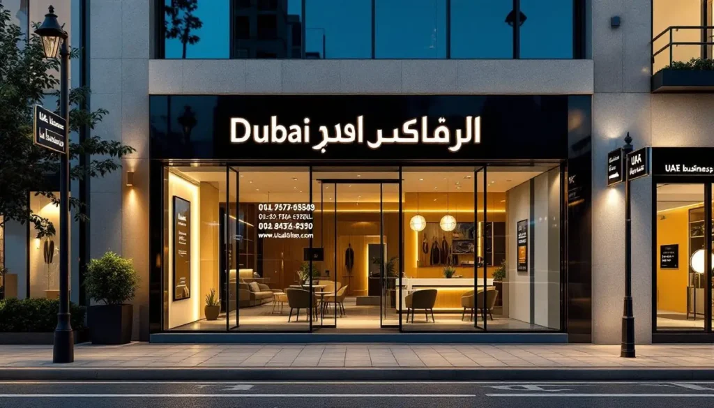 Modern Dubai store frontage with illuminated sign and business contact details, representing local UAE business listing