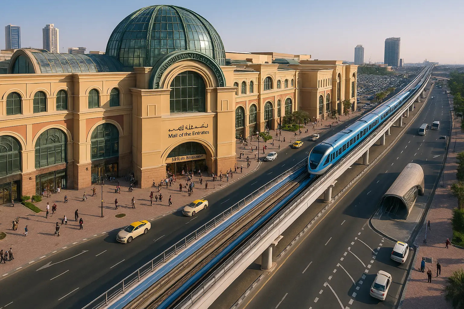 Dubai Metro train passing Mall of the Emirates entrance with shoppers and taxis, showing smart transport links driving access to Majid Al Futtaim’s mall
