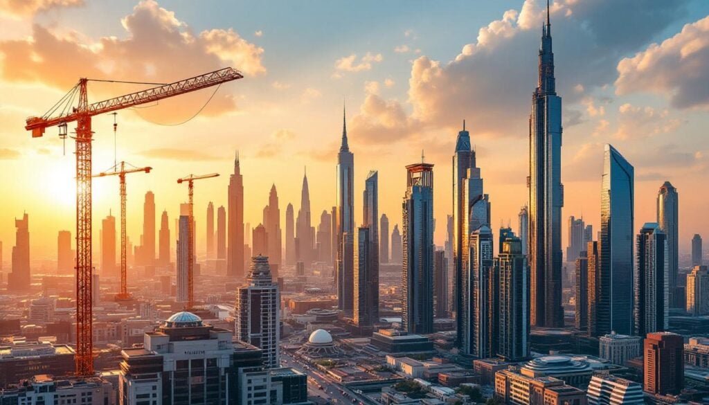 Dubai skyline with construction cranes at sunset highlighting real estate boom for UAE Daily News Roundup 6 August 2025